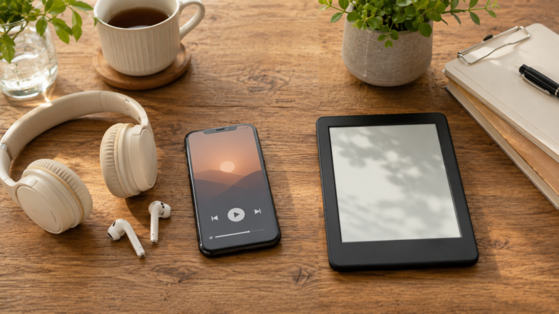 左側にイヤホンとスマートフォン、右側にタブレット型電子書籍端末を置いた比較イメージ。
