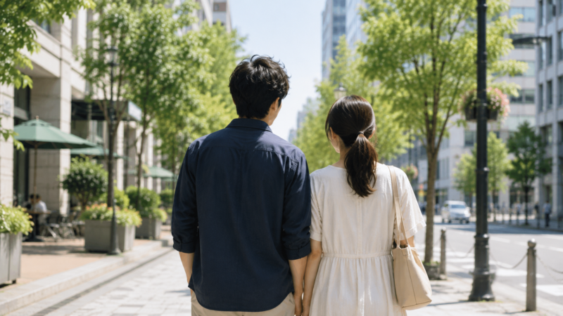 落ち着いた日本の街並みを背景に、30代の日本人男性と女性が並んで歩く後ろ姿。