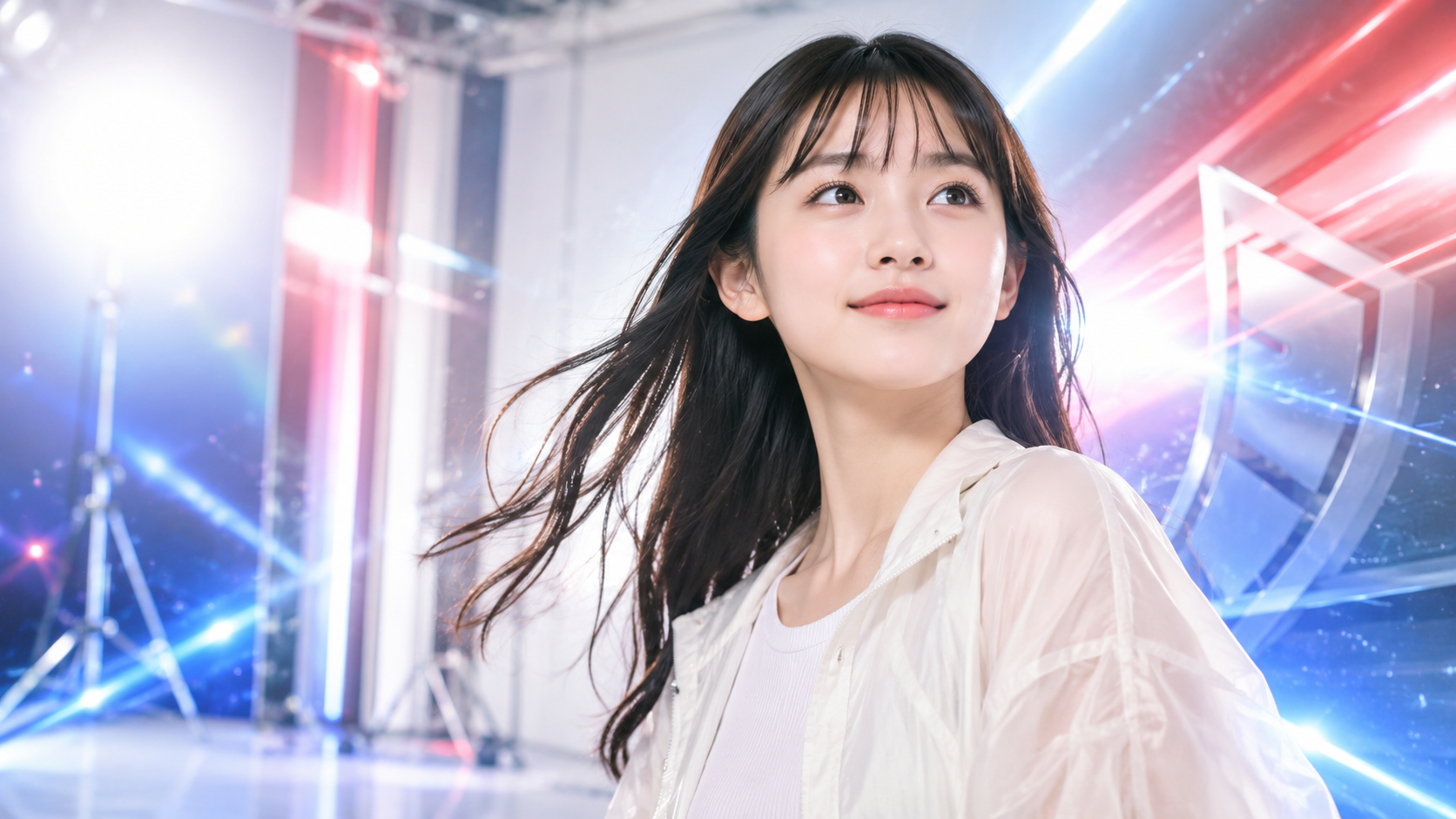 明るく清潔感のある撮影スタジオ風の背景に、10代後半の若手女性俳優をイメージ
