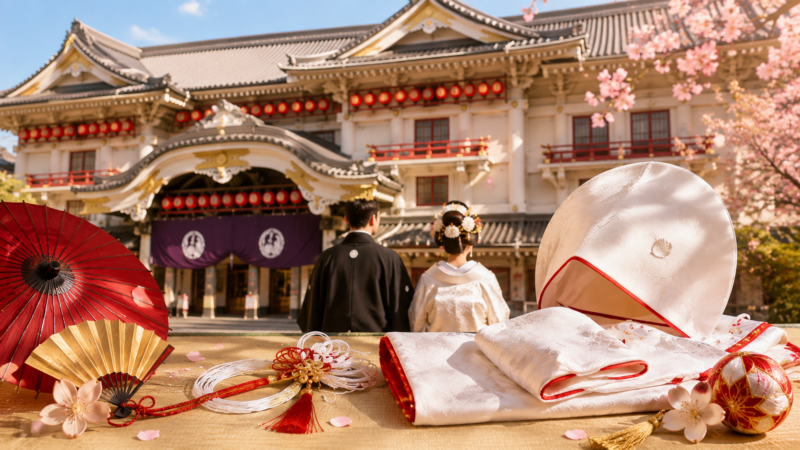 歌舞伎座を思わせる伝統的な劇場と、白無垢や和装の結婚を連想させる小物を配置。