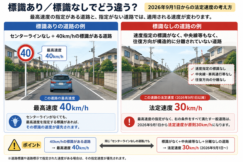 生活道路の速度標識あり・なしによる最高速度の違い