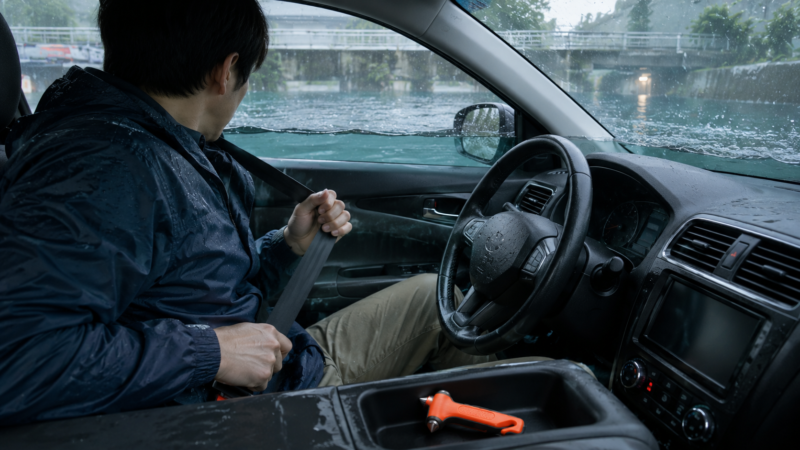水没しかけた車内で、運転者がシートベルトを外し、手の届く位置にある緊急脱出用ハンマーを確認している場面。