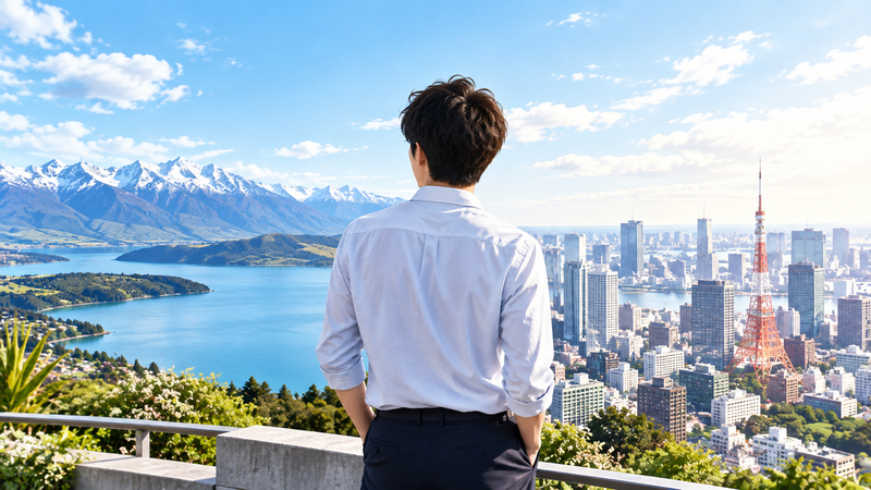 ニュージーランドの雄大な自然と日本の都会を左右に配置し、その間に海外経験のある若手男性俳優をイメージ