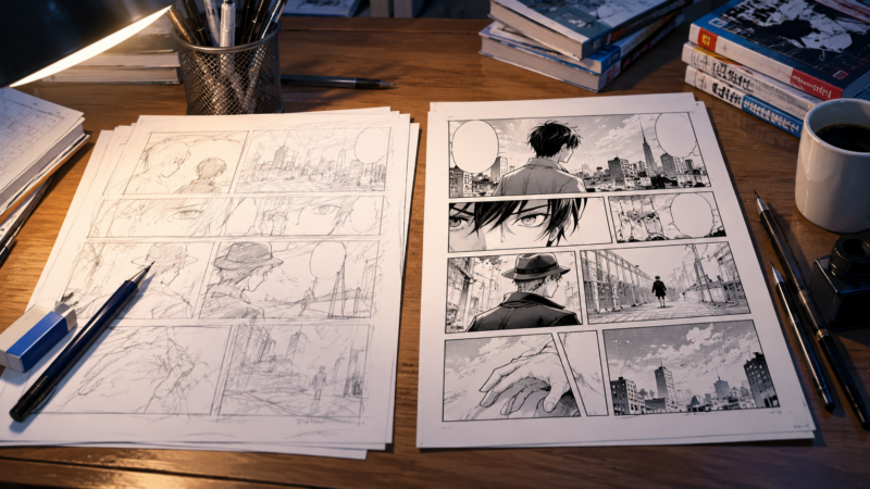 左側にラフなコマ割りが描かれた紙、右側に完成した漫画原稿が置かれている構図。