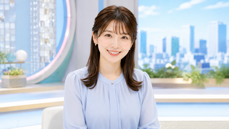 明るいテレビスタジオを背景に、淡いブルー系のブラウスを着た20代女性アナウンサーが自然な笑顔を見せている