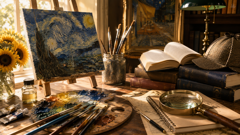 油絵用パレットと絵筆、キャンバス、虫眼鏡、推理小説を連想させる本を配置。
