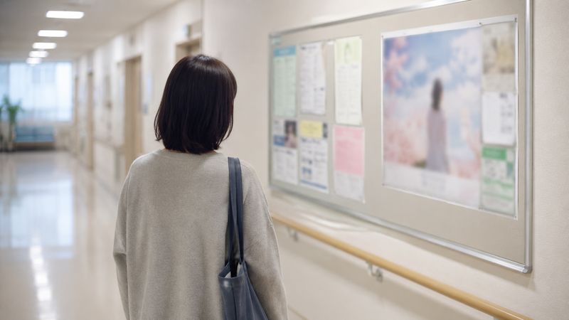病院の掲示板を遠くから見つめる人物の後ろ姿。
