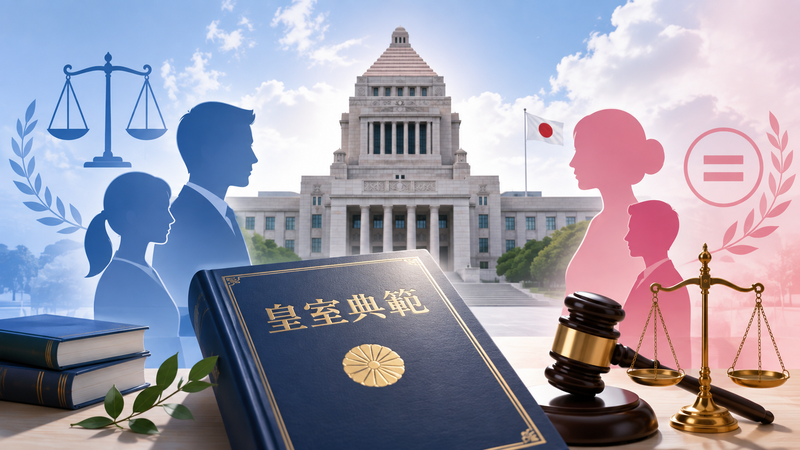 皇室典範の本と国会議事堂を中心に、男女平等を象徴するシルエット