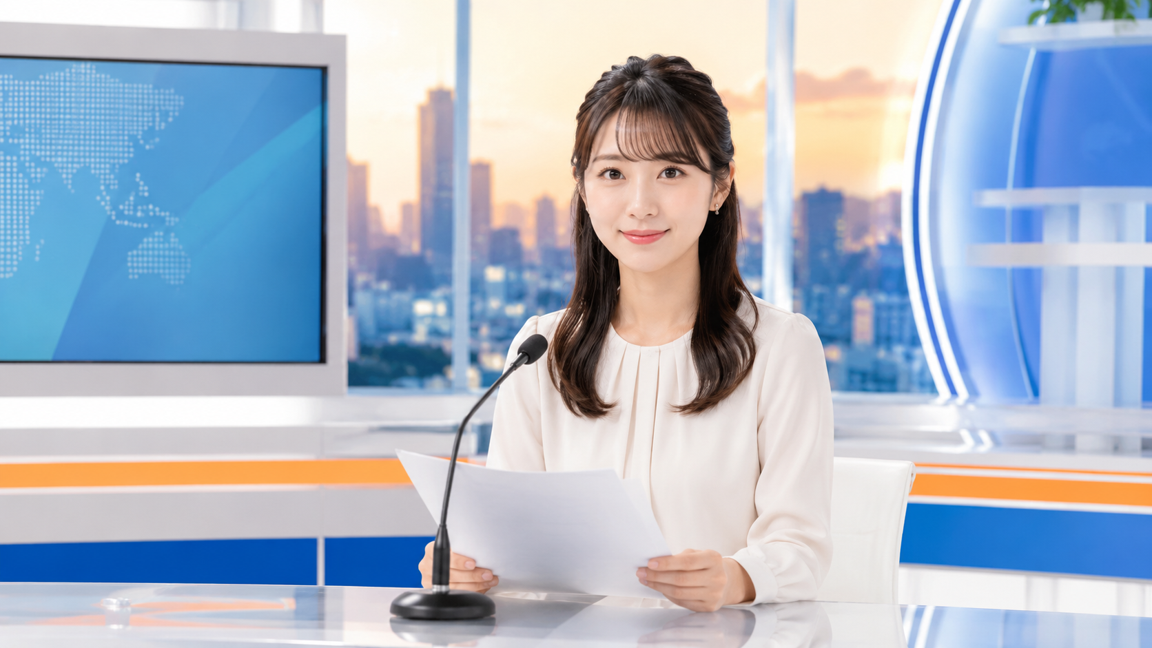 夕方のテレビニュース番組のスタジオをイメージしたイラスト。