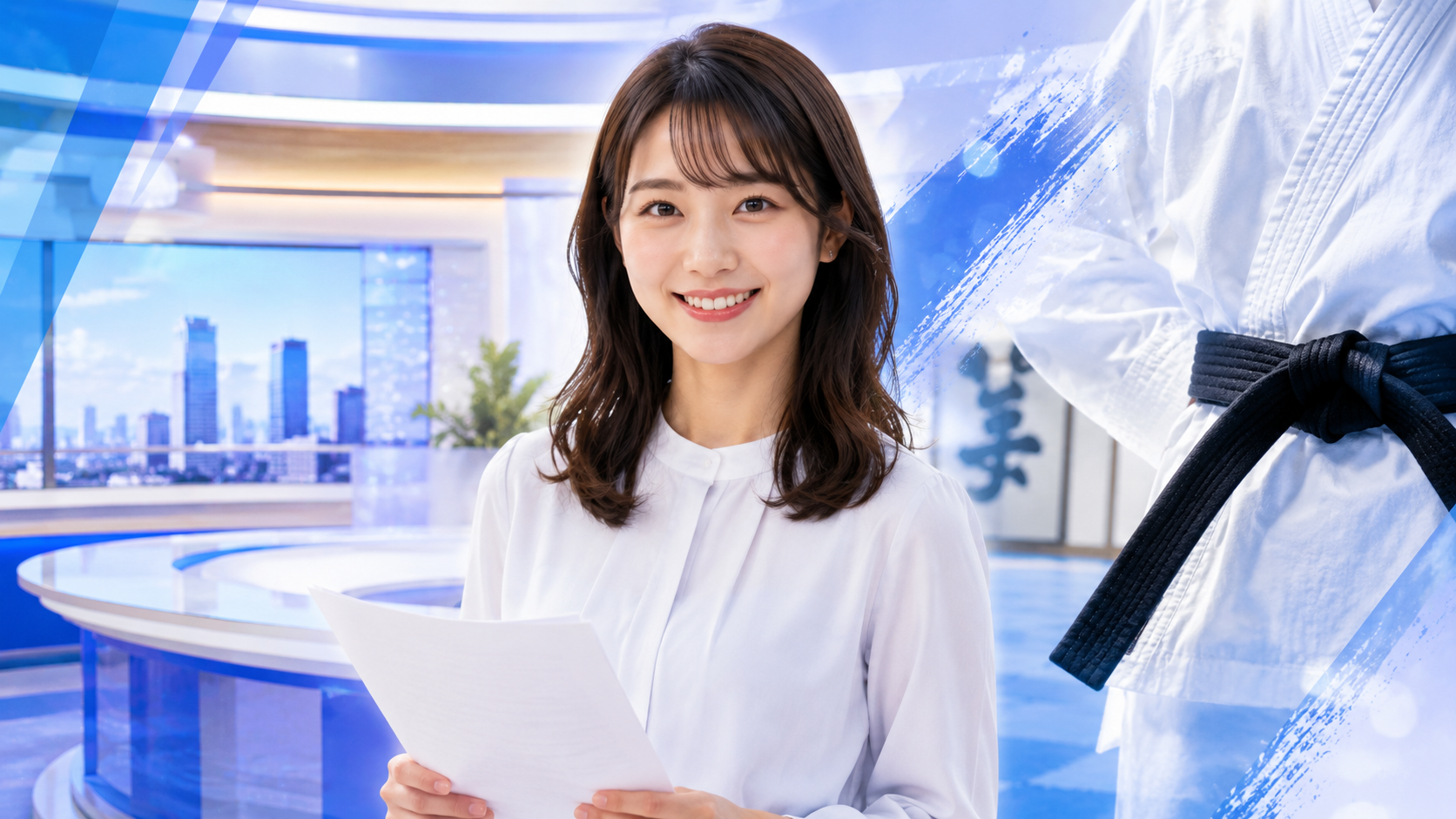 明るいテレビスタジオを背景にした若い女性アナウンサーと、空手の黒帯を連想させる要素を自然に組み合わせた構図。