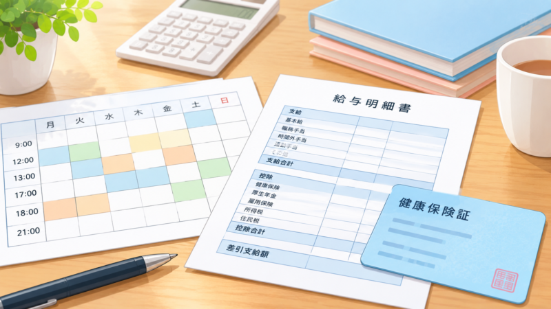 給与明細・勤務時間・健康保険証の机上イラスト