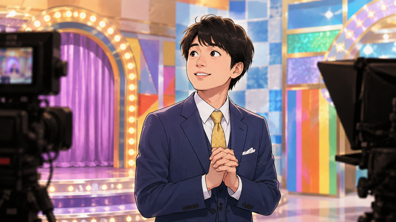 テレビ番組への出演を待つ若手男性お笑い芸人をイメージしたイラスト。