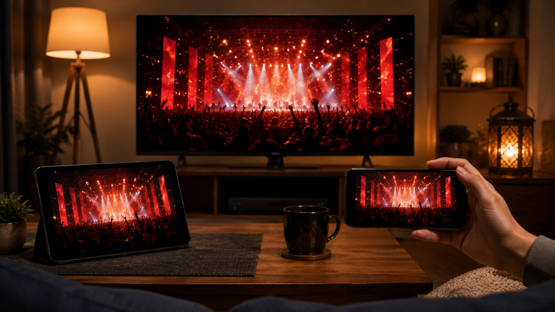 テレビ、タブレット、スマートフォンに同じオンラインイベント映像が映っているイメージ