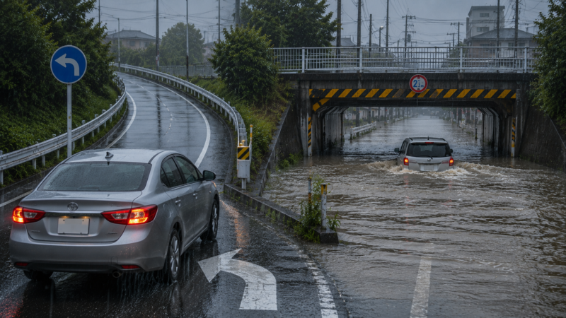 道路の低い場所に水がたまり、進入した車と進入せず手前で退避する車を対比。