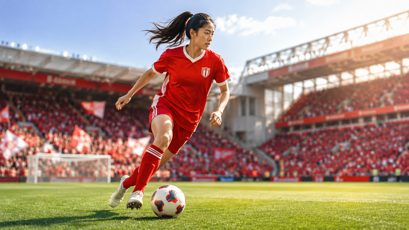 ヨーロッパの女子サッカースタジアムを背景に、赤いユニフォーム姿の日本人女子サッカー選手がドリブルしている場面。