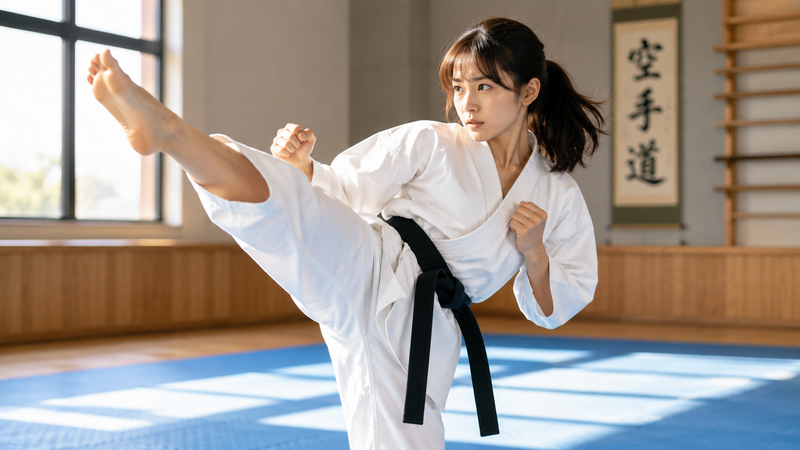 白い空手着に黒帯を締めた若い女性が道場で上段蹴りをしている場面。