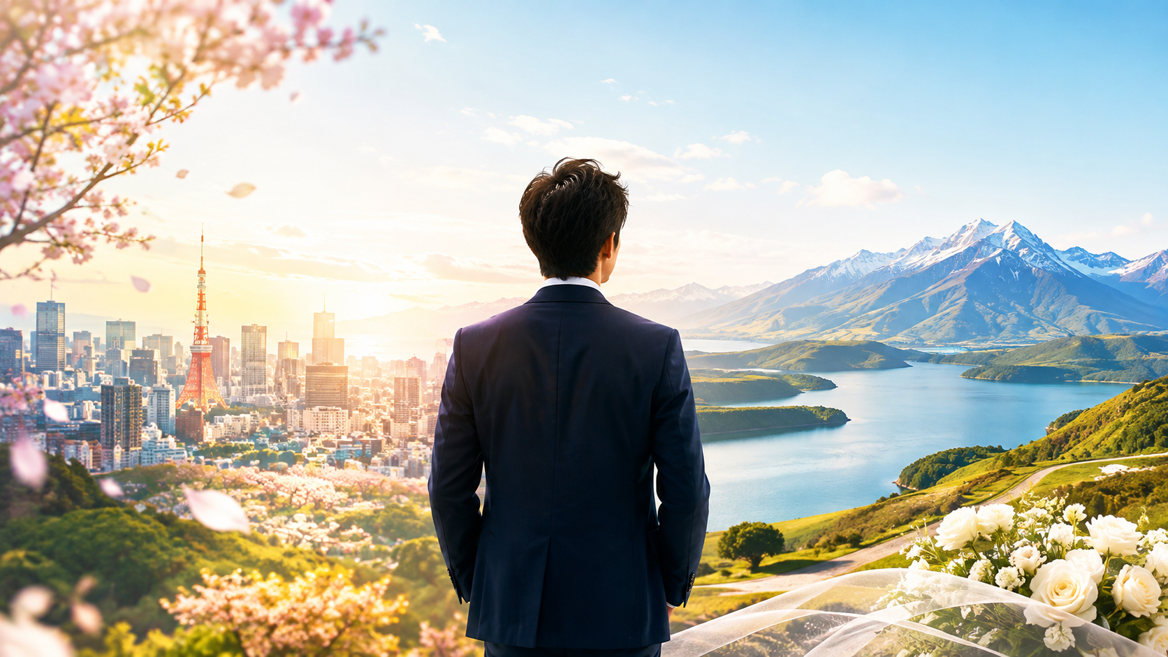 日本の都市風景とニュージーランドらしい広大な自然を組み合わせた背景に、スーツ姿の男性俳優をイメージ