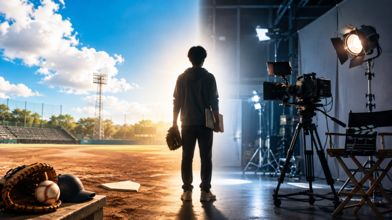 「野球少年から俳優へ」という経歴を表すイメージ。