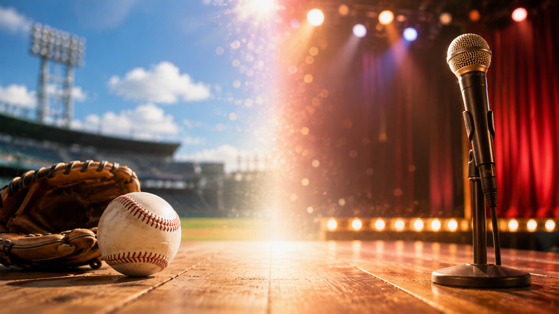 野球ボールと舞台用マイクを左右に配置し、スポーツからお笑いへの転身を表現。