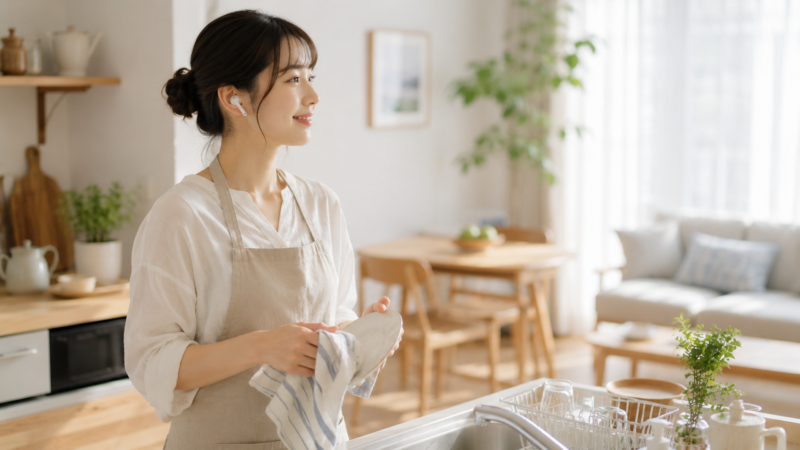 日本の住宅で家事をしながらワイヤレスイヤホンで音声コンテンツを楽しむ人物。