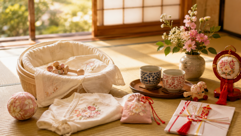 和風の室内に小さな赤ちゃん用の品と夫婦をイメージする二つの湯のみなどを配置。