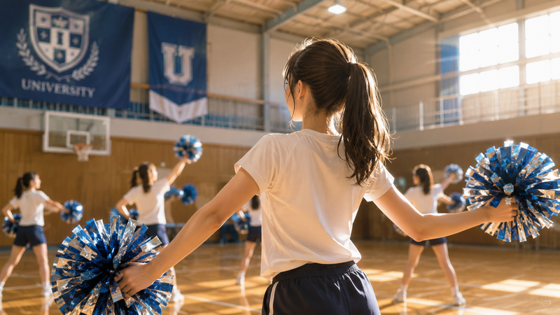 大学の体育館でチアダンスに挑戦する女子学生のイメージ。ポンポンやスポーツウェアを配置し、努力・挑戦が伝わる明るい雰囲気。