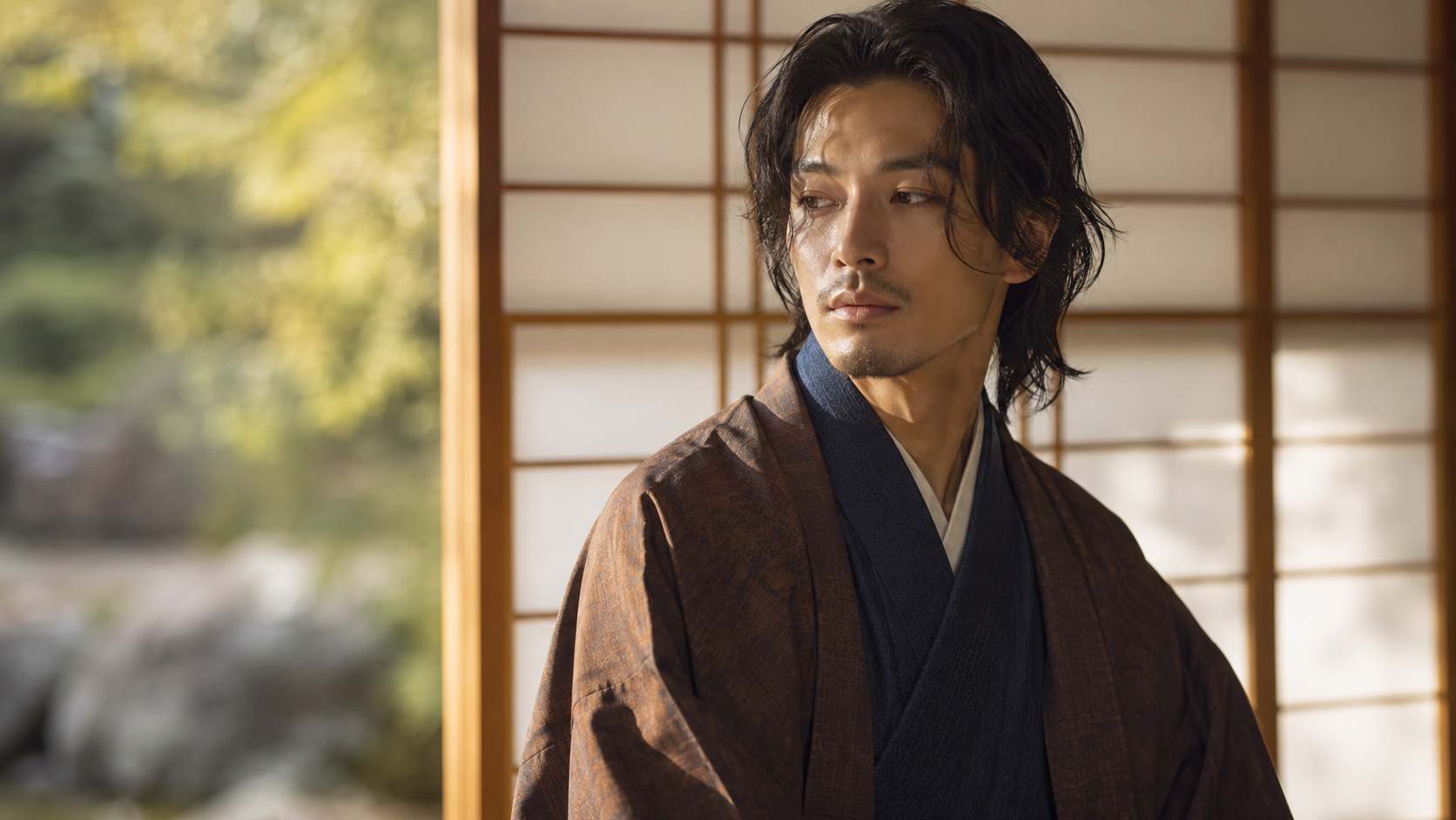 和装×俳優×日本的な落ち着き 16:9、文字なし。藍色と茶色を基調にした着