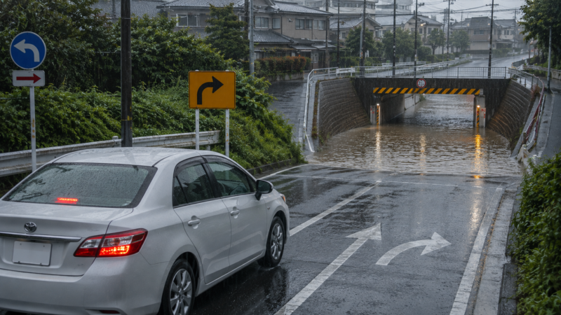 大雨の日本の一般道路で、前方のアンダーパスが冠水。乗用車は水へ入る前の安全な位置におり、別ルートへ向かう状況。