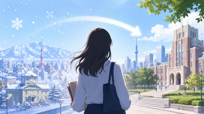 北海道から東京へ進学する流れをイメージしたイラスト。北海道の街並みと東京都内の大学キャンパスを組み合わせる。