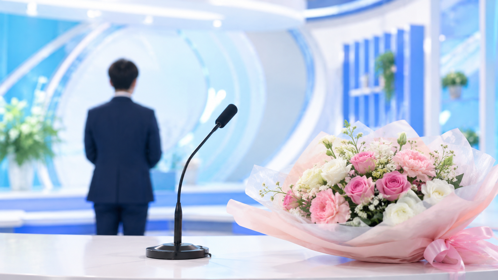 テレビスタジオ風の背景にマイクと花束を配置し、結婚発表をイメージ