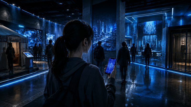 VIVANT体験イベントをイメージした近未来的な展示会場とスマートフォンを持つ来場者