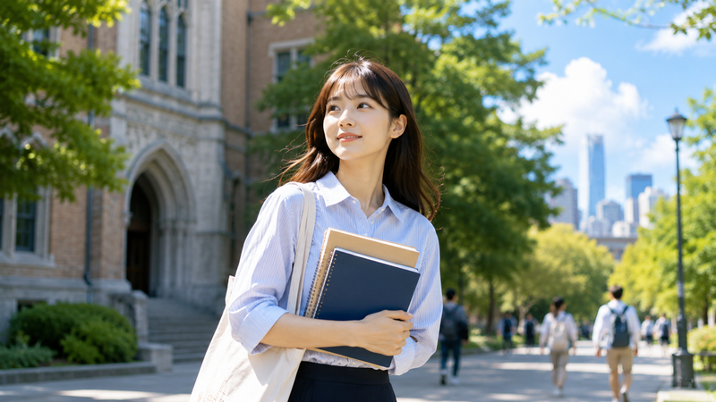 大学キャンパスを歩きながら本やノートを持つ若い女性。英語や海外への関心を連想させるグローバルな雰囲気。