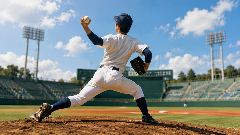 野球場のマウンドから力強く投球する若い男性の後ろ姿。