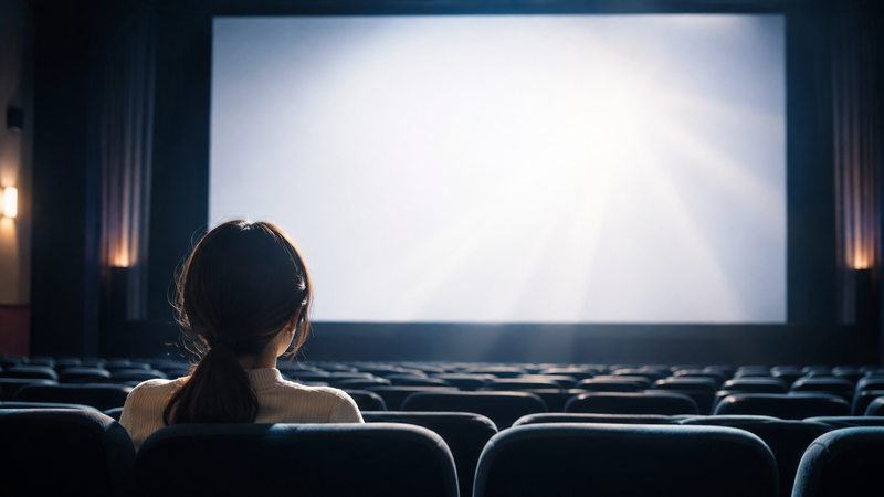 映画館のスクリーンを見つめる女性の後ろ姿のイメージ