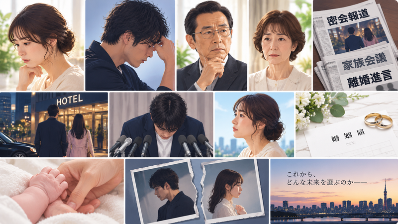 趣里と三山凌輝の夫婦関係をめぐる報道の経緯をイメージした挿し絵