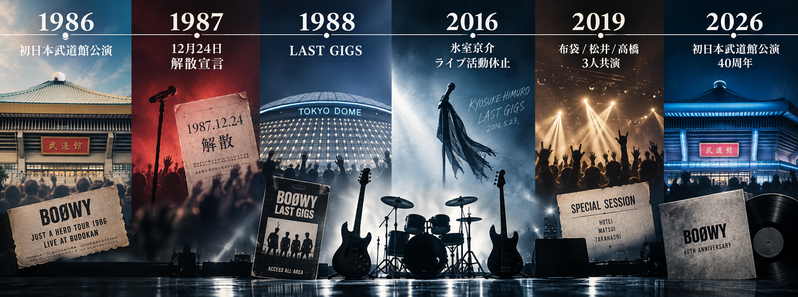 BOØWYの1986年初日本武道館公演から2026年の40周年までをまとめた時系列イラスト
