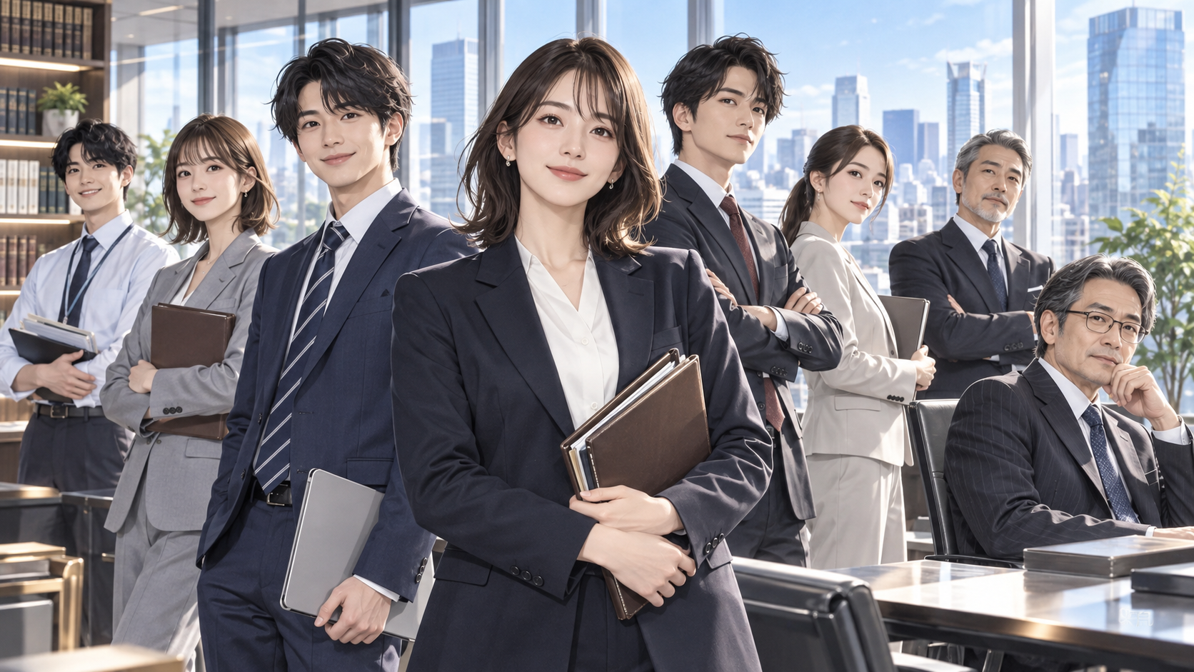都会的な法律事務所を背景に、若い女性弁護士を中心として若手男性スタッフ、男女の弁護士、ベテラン弁護士らが並ぶ。