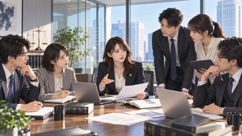 法律事務所で打ち合わせをする新人女性弁護士と同僚たちのイメージ
