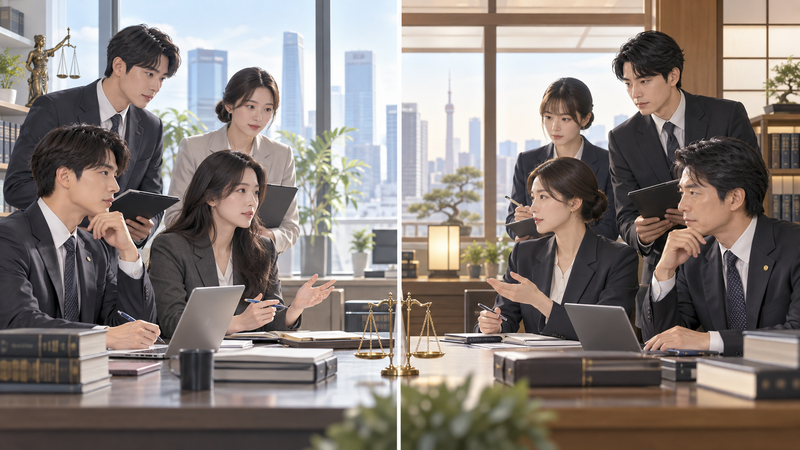 韓国版と日本版の弁護士ドラマの登場人物構成を比較したイメージ