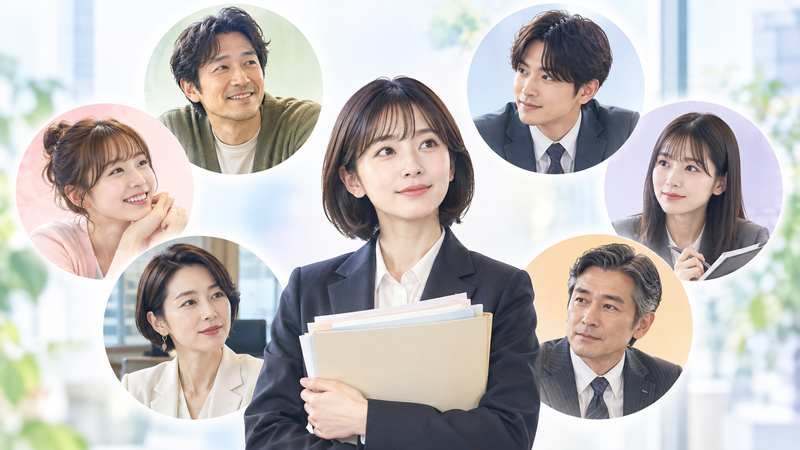 新人女性弁護士を中心に父親・友人・同僚を配置した人物関係のイメージ