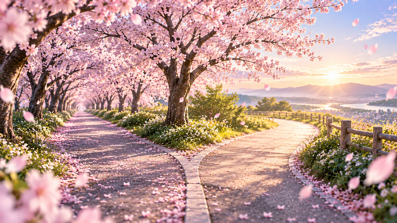 桜並木と分岐する道を描いたイメージ画像