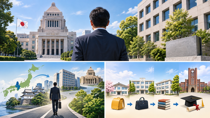 藤井比早之氏の小学校から東京大学法学部までの学歴をイメージしたイラスト