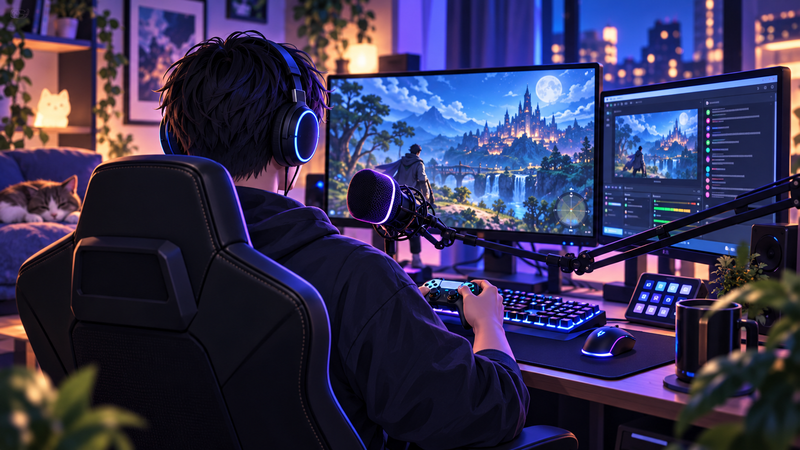 パソコンとゲームコントローラーを使ってゲーム配信をする男性をイメージした画像