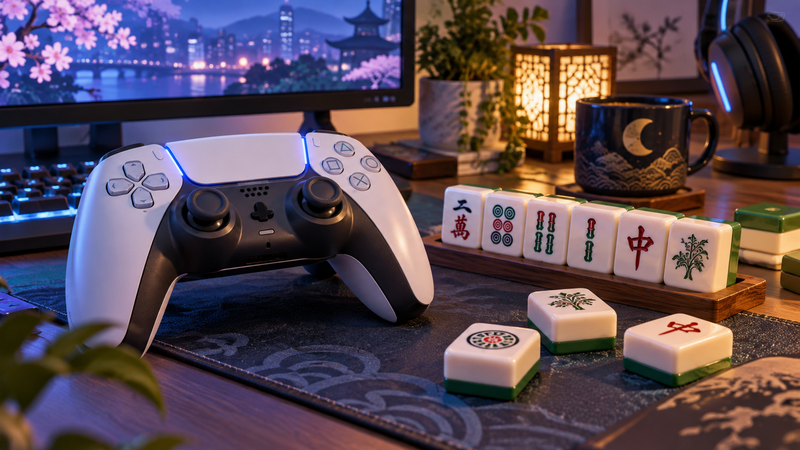 ゲームコントローラーと麻雀牌を並べたイメージ画像