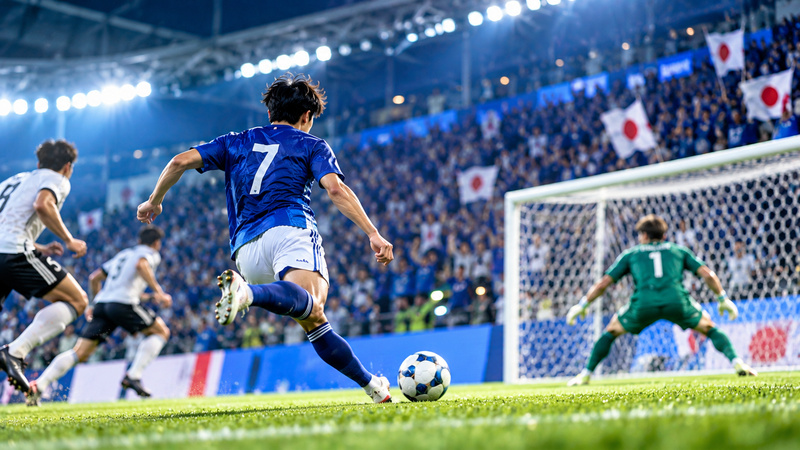 青いユニフォーム姿の若手サッカー選手がゴール前へ走り込む場面