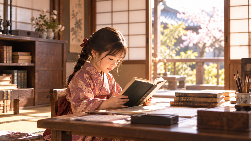 明治時代の日本家屋で本を読む『ブラッサム』の幼少期をイメージした少女