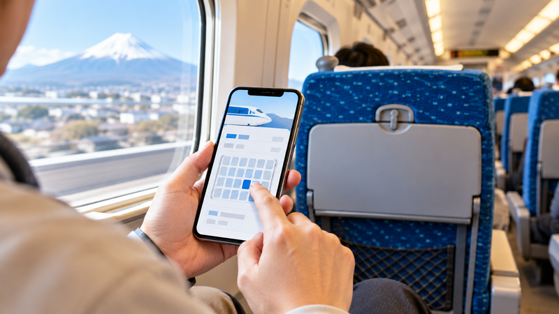 EXご利用票終了後にスマートフォンで新幹線の座席を確認するイメージ