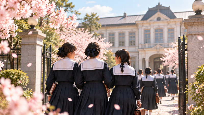 朝ドラ『ブラッサム』の女学校時代をイメージした女子学生と校舎のイラスト