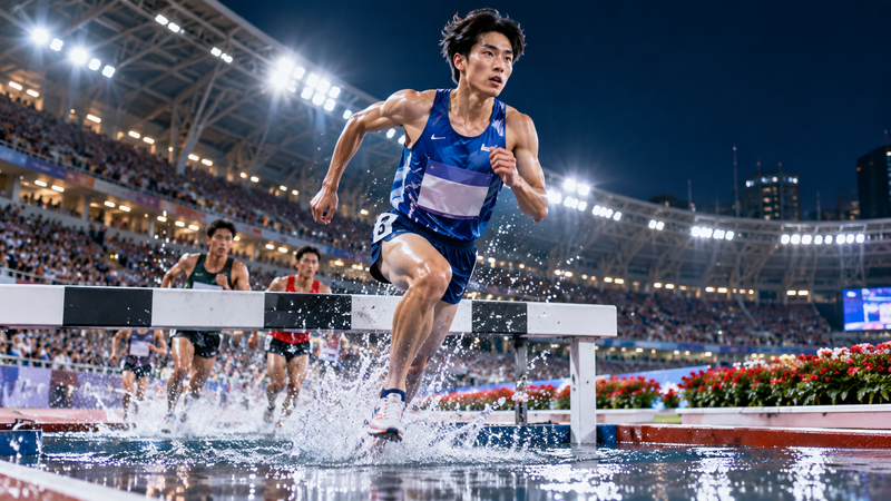 3000m障害の水濠を越えて走る男子陸上選手のイメージ