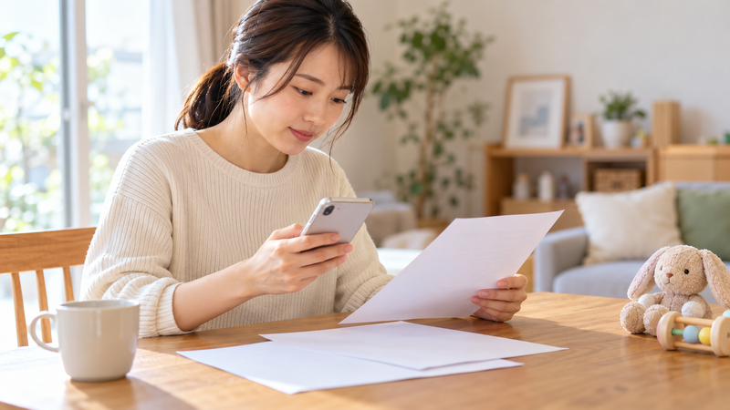 日本の家庭で赤ちゃんを抱き、カレンダーを見る父親